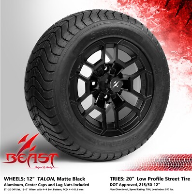 4x GOLF CART 12'' MATTE BLACK 'TALON' WHEELS and 215/50-12 COMFORT RIDE DOT TIRES