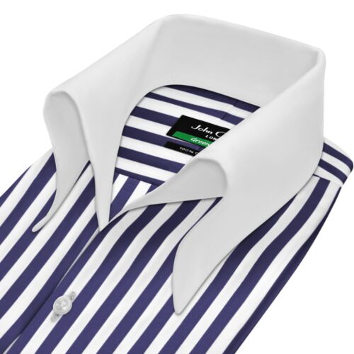 High Open Button Down Collar Buttonless Navy Blue Awning Stripes Men Party Shirt - Picture 3 of 11