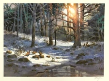 TOM LYNCH BIRD SNOW SCENE SUNLIGHT PHEASANT WATER TREES PRINT SIGNED 18" X 23"