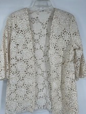 Vintage Open Crochet White ivory 10 Cardigan With Sequins shoulder pad formal