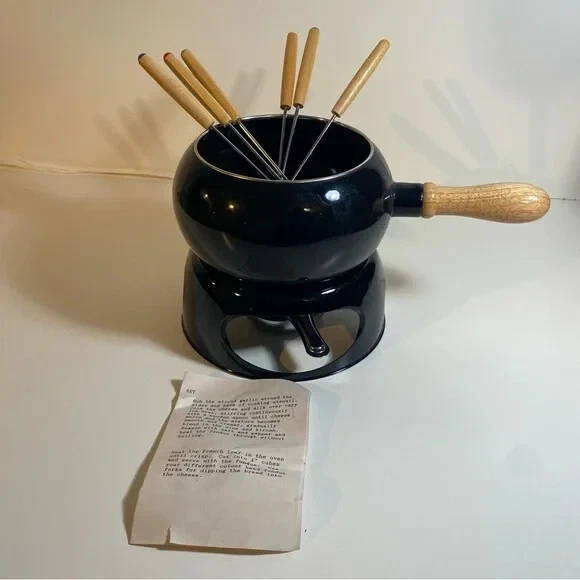 Vintage Mid Century Black 1970s Aluminum Fondue Set w/ 6 Forks