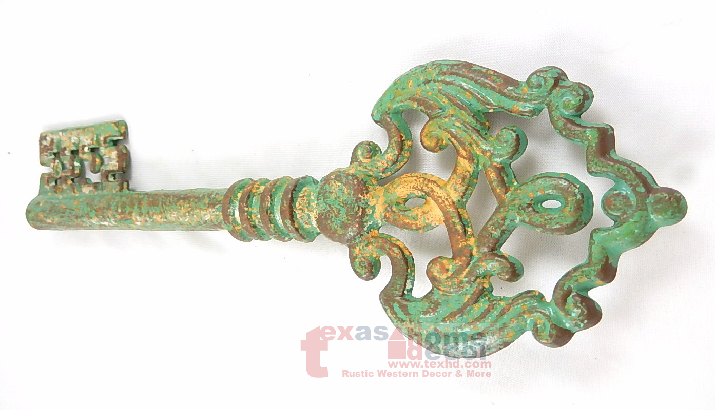 15" Extra Large Decorative Skeleton Key Cast Iron Distressed Turquoise