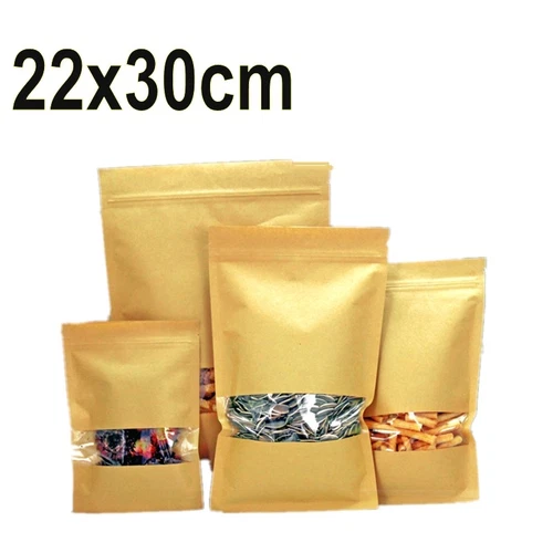 Brown Kraft Paper Window Bag Zip Lock Sealable Heat Seal Pouch 22x30cm