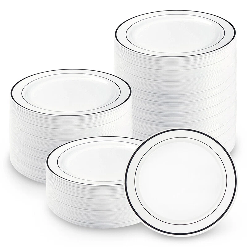 Platos de fiesta de plástico desechables con borde plateado de 7,5" y 10,25" platos de cena de alta resistencia Foto 3 de 4