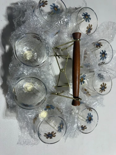 Vintage 1950 Federal Glass Roly Poly Tumbler Daisy Glass Set of 8 with tray rare