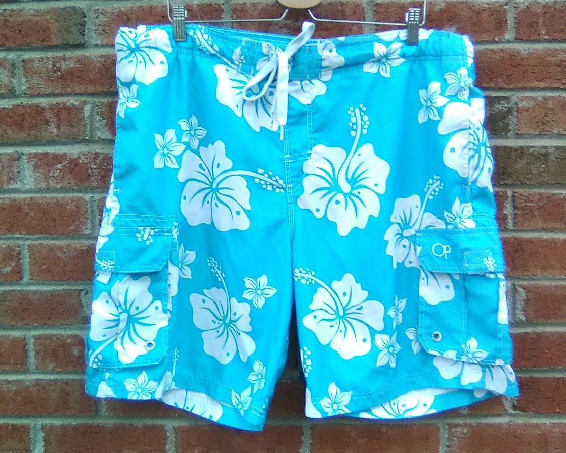 Pantalones Cortos de Natación Ocean PacificOP Board Para Hombres Azul Aqua Blanco Floral Malla Forrados L 36-38