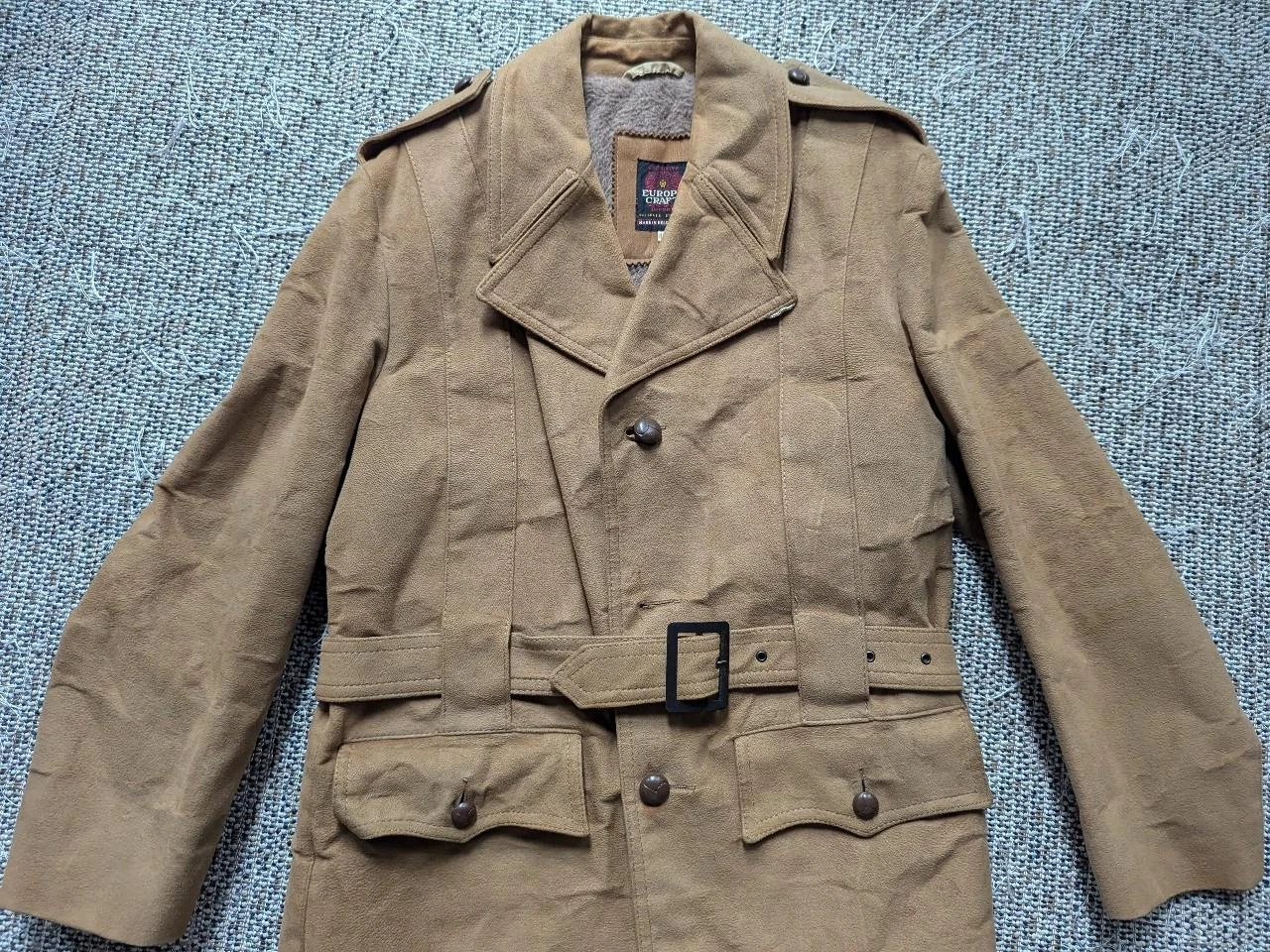vintage TRENCH COAT leather BELTED jacket 40 brown NORFOLK faux suede SHERLOCK - product detail image 3