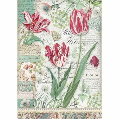 Reispapier-Motiv Strohseide-A4-STAMPERIA-rote Tulpen-DFSA4354