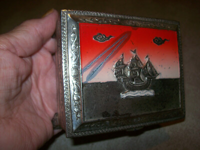Vintage Cigarette Case Metal Trinket Box Enameled Ship Occupied Japan