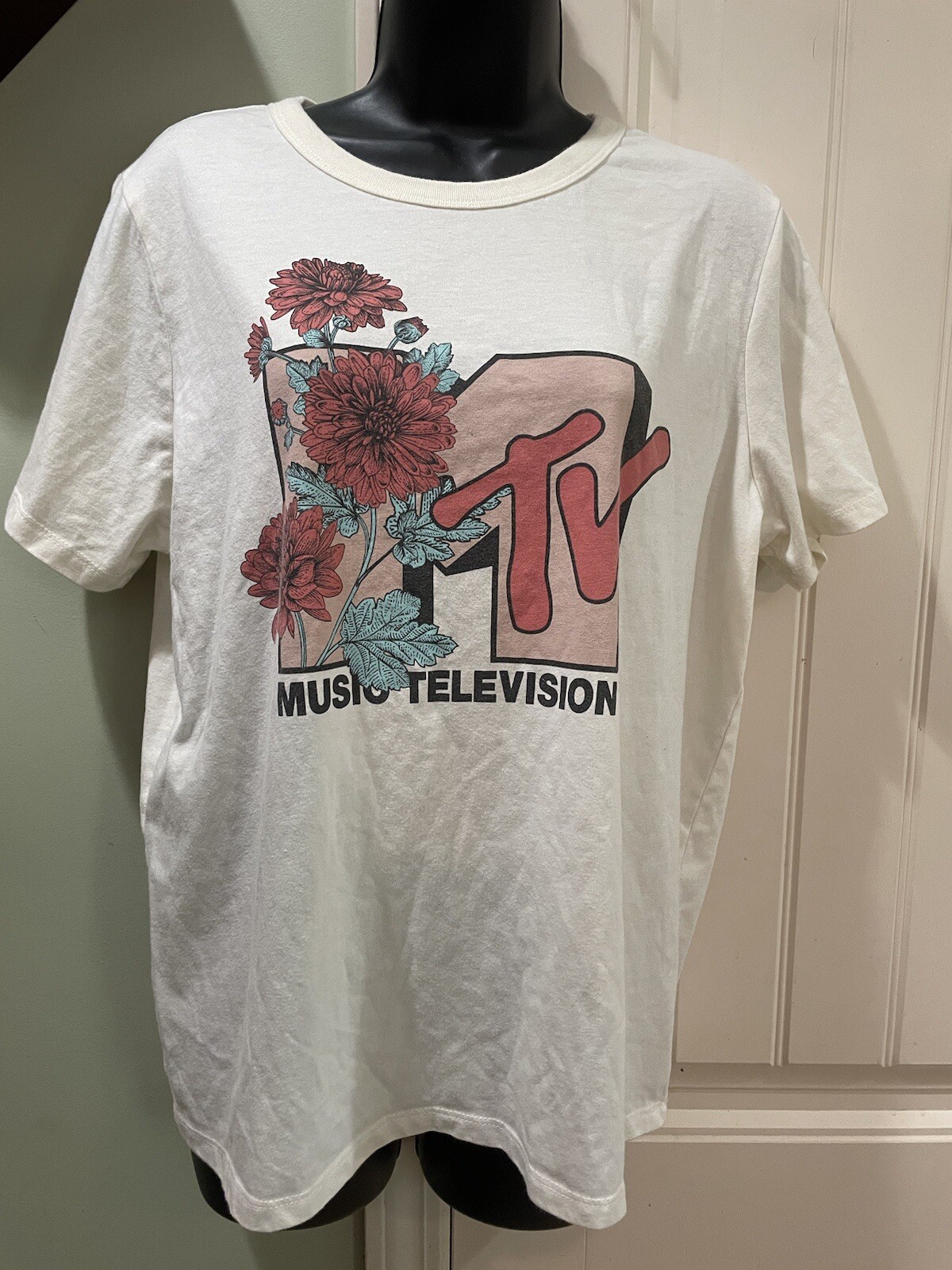 Womens Large MTV T Shirt Short Sleeve White Cute 90s Music Television