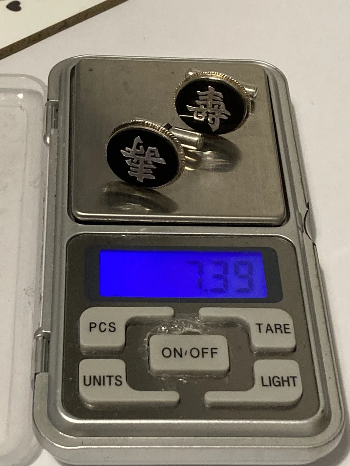 Vintage 1930/40’s Sterling Hong Kong Black Onyx Chines Symbol Cufflinks (7.39g) - Image 3 of 4
