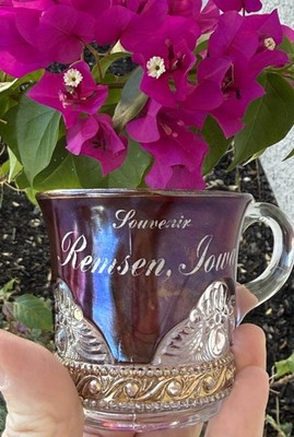 Antique US Glass Co EAPG  Ruby Stained & Gold  Remsen Iowa Souvenir Mug 1800's