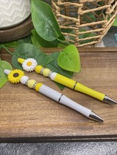2 PC Handmade Silicone Bead Rhinestone Black Ink Pen Set Daisy New B172