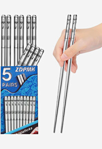 ZDPMK Stainless Steel Reusable Chopsticks Set, 5 Pairs Silver Polished