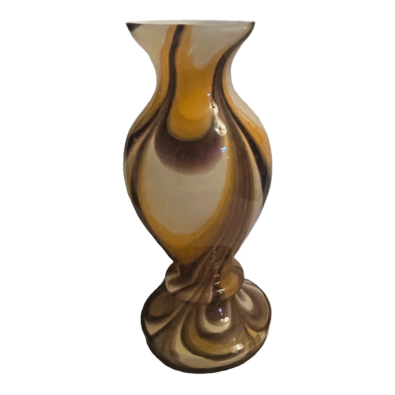 Hand Blown Vase Art Glass Yellow Brown White Swirl Vintage