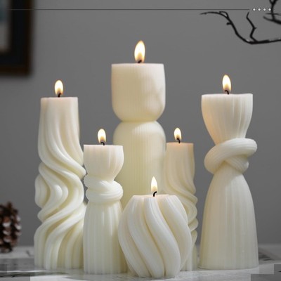 6 Pcs Ribbed Pillar Candles Modern Aesthetic Ribbed Decorative Candle Set Cut...