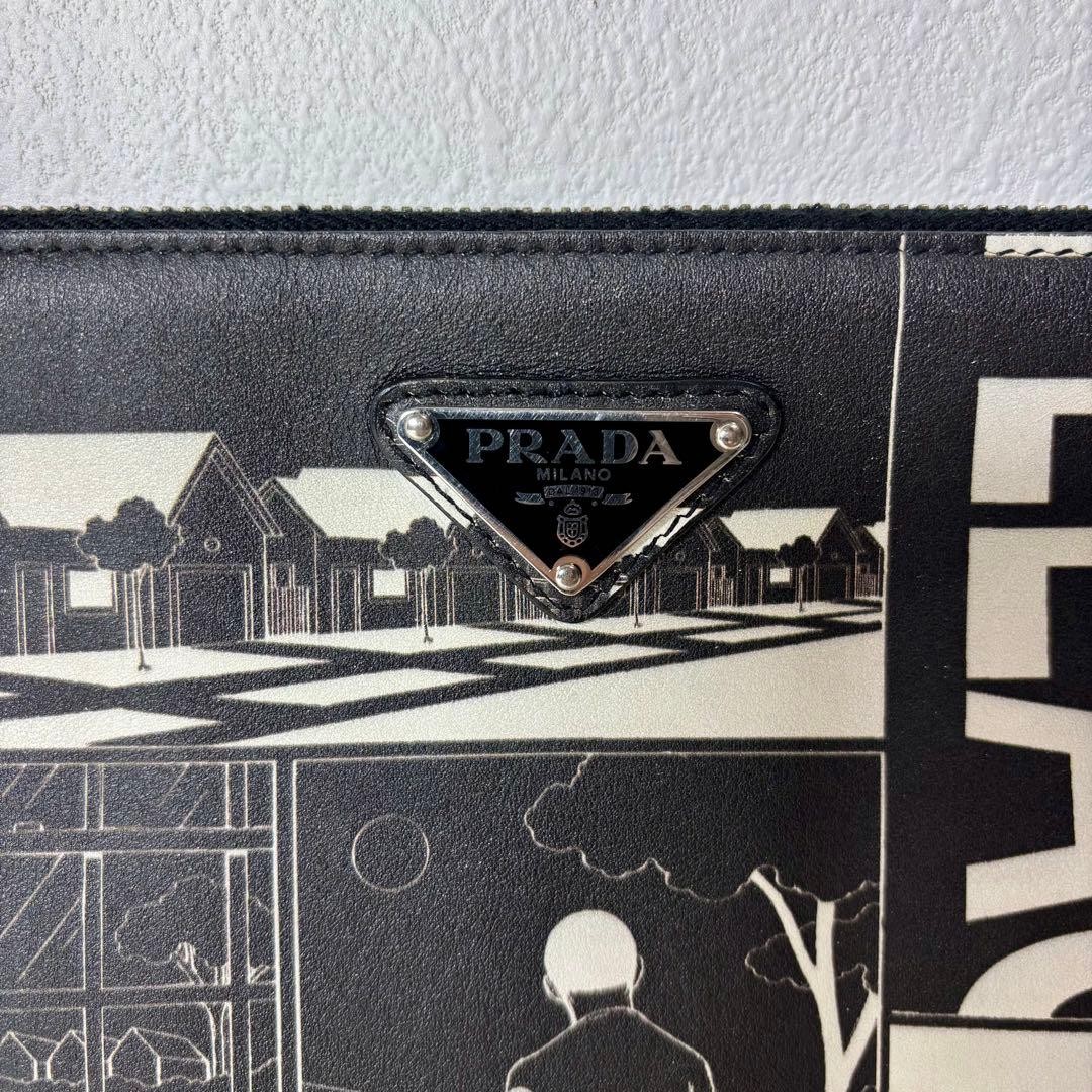 PRADA Clutch Bag Comic Pattern Black Leather Tria… - image 2