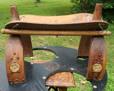 Antique Egyptian Camel Saddle Seat Foot Stool Ottoman with Brass Medallions