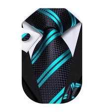 Mens Paisley Striped Tie and Handkerchief Cufflinks Tie Set Black Teal Purple