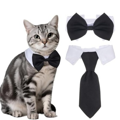 2Pcs Pet Cat Tuxedo Bow Tie Collar, Pets Adjustable Formal Necktie Collar for 