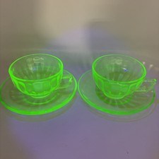 Two Sets Vintage Federal Glass Hostess Uranium Tea Cups & Saucers glows