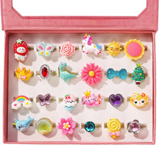 Little Girl Jewel Rings in Box Adjustable,No Duplication, Girl Pretend Play an