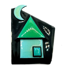 RARE Light Teal Color House Pin by Lucinda Signed on Thin Black Base & Back