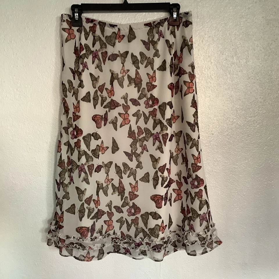 Falda midi con volantes y estampado animal de mariposa de chifón East 5th para mujer línea A mediana Foto 2 de 4