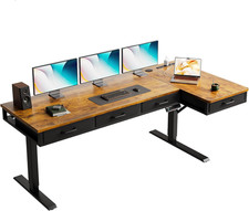 63  L-Shaped Electric Standing Desk w/ Drawers Power Outlets Rustic Brown