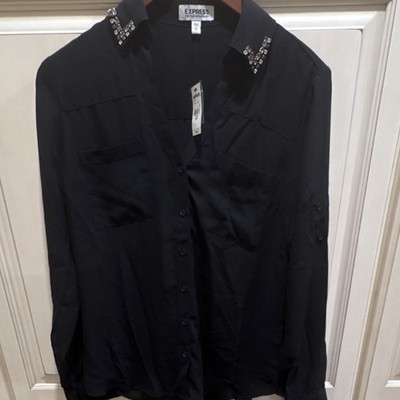 Express Black Button Front Shirt Rhinestone Collar Long Sleeve Collared S/P