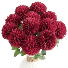 12pcs Burgundy Faux Silk Mums Artificial Flowers Bulk Fake Chrysanthemums wit...