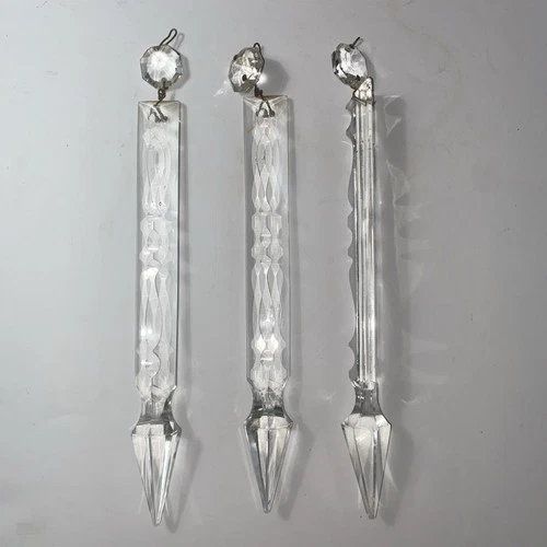 3 XL 8” Antique Glass Prism Cut Crystal Flat Backed Chandelier Replacement Spear