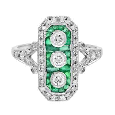 Art Deco Style Lab-Created Diamond Emerald Three Stone Ring 14K White Gold FN