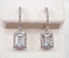 4Ct Emerald Cut Lab-Created Aquamarine Halo Drop Earrings 14K White Gold Plated