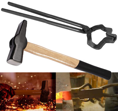 16'' Z V-Bit Tongs and 3.3LB Blacksmith Hammer Fits Blacksmith Forge Knife Making