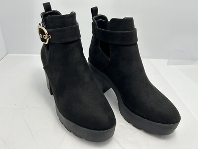 BAMBOO Womens Ankle Boots 6.5 Black Faux Suede Platform Block Heels Vista05 #54B