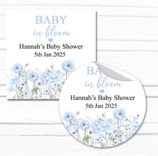 Personalised Baby Shower Party Stickers Favours Labels Baby In Bloom Blue