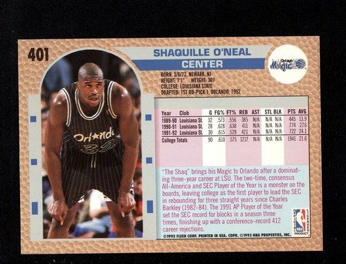 1992 Fleer #401 Shaquille O'Neal RC Rookie HOF Orlando Magic NM-MT 2152 - Picture 2 of 2