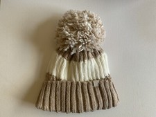 DKNY Pom Pom Beanie Hat Ribbed Faux Fur Cream/Beige New