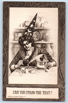 Signed Postcard Pretty Woman Halloween Witch Hat Laboratory c1910's Antique
