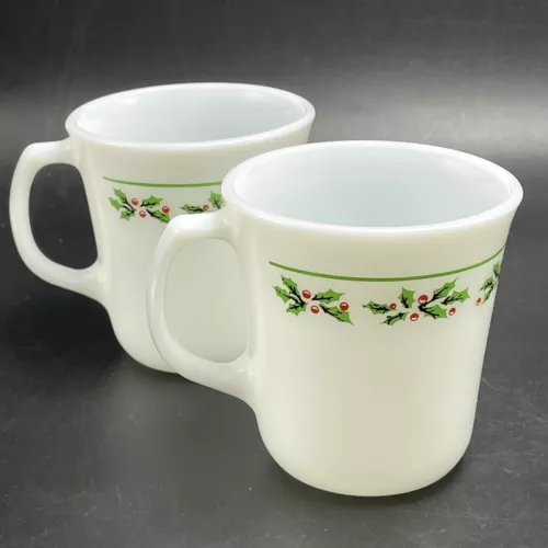 2 Vtg Holly Days Christmas Corning Corelle Milk Glass Coffee Cups Mugs USA