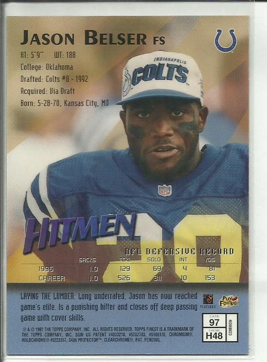 1997 Topps Finest #97 Jason Belser Indianapolis Colts Hitmen - Image 2 of 2