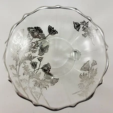 Elegant Glass 3 Foot Tidbit Candy Bowl Dish Silver Overlay Flowers Gilt 9 Panel