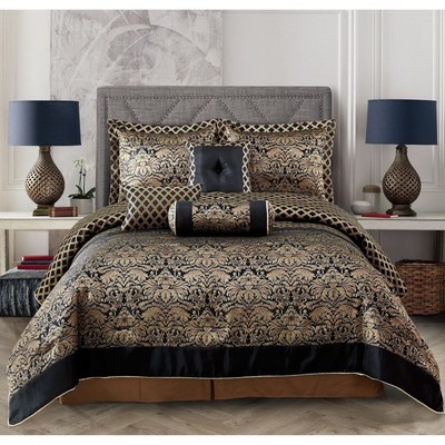 Queen Cal King Bed Black Gold Fl Damask Lattice 7 Pc Comforter Set Bedding Jolash Pl - Black And Gold Damask Bedding Queen Cal King Bed Black Gold Fl Damask Lattice 7 Pc Comforter Set Bedding Jolash Pl - Black And Gold Damask Bedding