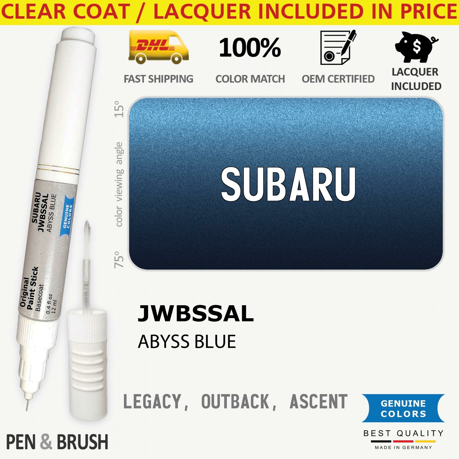 JWBSSAL Touch Up Paint for Subaru Blue LEGACY OUTBACK ASCENT AY1 SAL ABYSS BLUE 