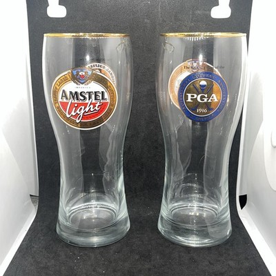 Set of 2 Amstel Light PGA Golf Tour 2016 Gold Rimmed Pilsner Beer Glass 12 oz