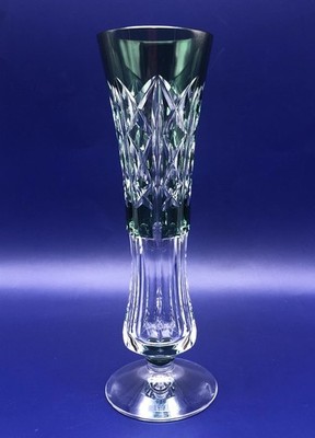 Vintage Val Saint-Lambert Crystal Green Overlay Diamond Pattern Vase 9  SIGNED