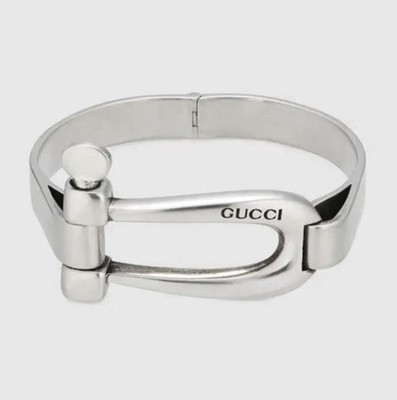 GUCCI Horsebit Bangle Bracelet 7'' Sterling Silver 925 Auth w/Bag And Box
