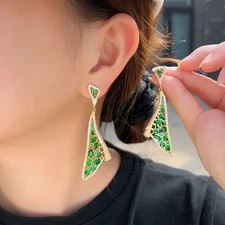 Women Luxury Gold Plated Green CZ Zircon Long Ribbon Drop Earrings Party Jewelry
