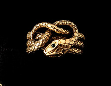 14k Yellow Gold 4.99gm Antique Snake Ring 3-coil Design W Head Emerald Eyes 6.5